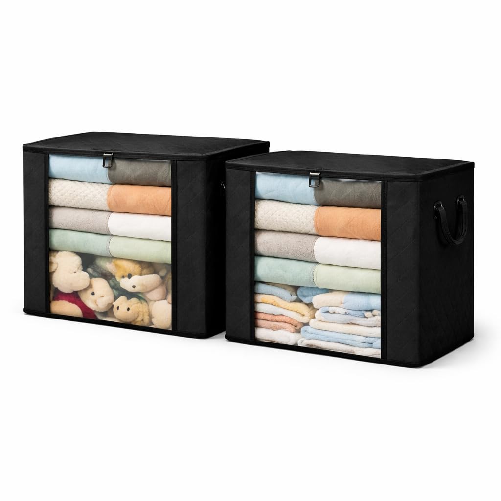 VELOHOME 84L Foldable Closet Storage Box Large Fabric Organizer for Clothes, Blankets, Quilts & Bedding | Space Saving Wardrobe Storage with Handles (Pack of 2) (Black)