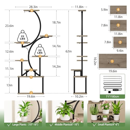 Image of Plant Stand with Grow Lights for Indoor Plants, 8-Tiered Tall Corner Plant Shelf with Full Spectrum Light, S-Shaped Space-Saving Narrow Flower Holder, Anti-Tip for Living Room Bedroom Office, Grey