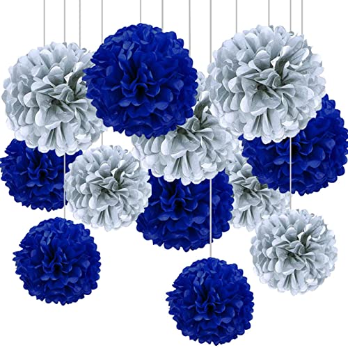 Lot de 12 Pompons Papier de soie Bleu et Argenté pour Décoration Suspendre de Plafond de Fête - 2 couleurs de 30,5 cm, 25,4 cm