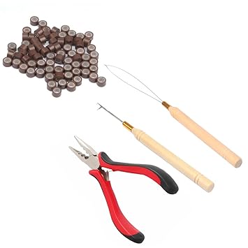 Micro Links Hair Extensions Tools Kit, 200 Pieces Silicone Lined Micro Rings Bead, Plier, Hair Pulling Hooks and Beads Device for Professional Hair Styling Tools Accessory Brown
