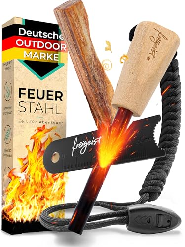 Feuerstahl Outdoor 8mm, Feuerstein mit Holzgriff für maximalen Funkenflug, Feuerstahl Zunder, Survival Kit, Set: Magnesium Feuerstarter + Paracord + Notfallpfeife + Beutel + Kienspan