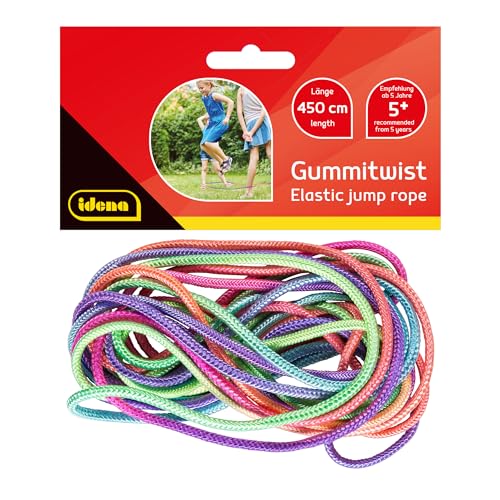 Idena 40188 - Gummi-Twist für Kinder, 4,5 m langes Seil in bunten Farben, unterhaltsames Hüpf-Spiel mit verschiedenen Sprungabläufen und Schwierigkeitsgraden