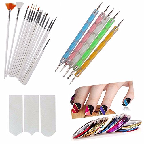 Store2508 Nail Art Combo, Nail Art Pen Set of 5,15pc Nail Brush Set,10 pc Stripping Roll Tape and A French Manicure Nail Art Tip Sticker.