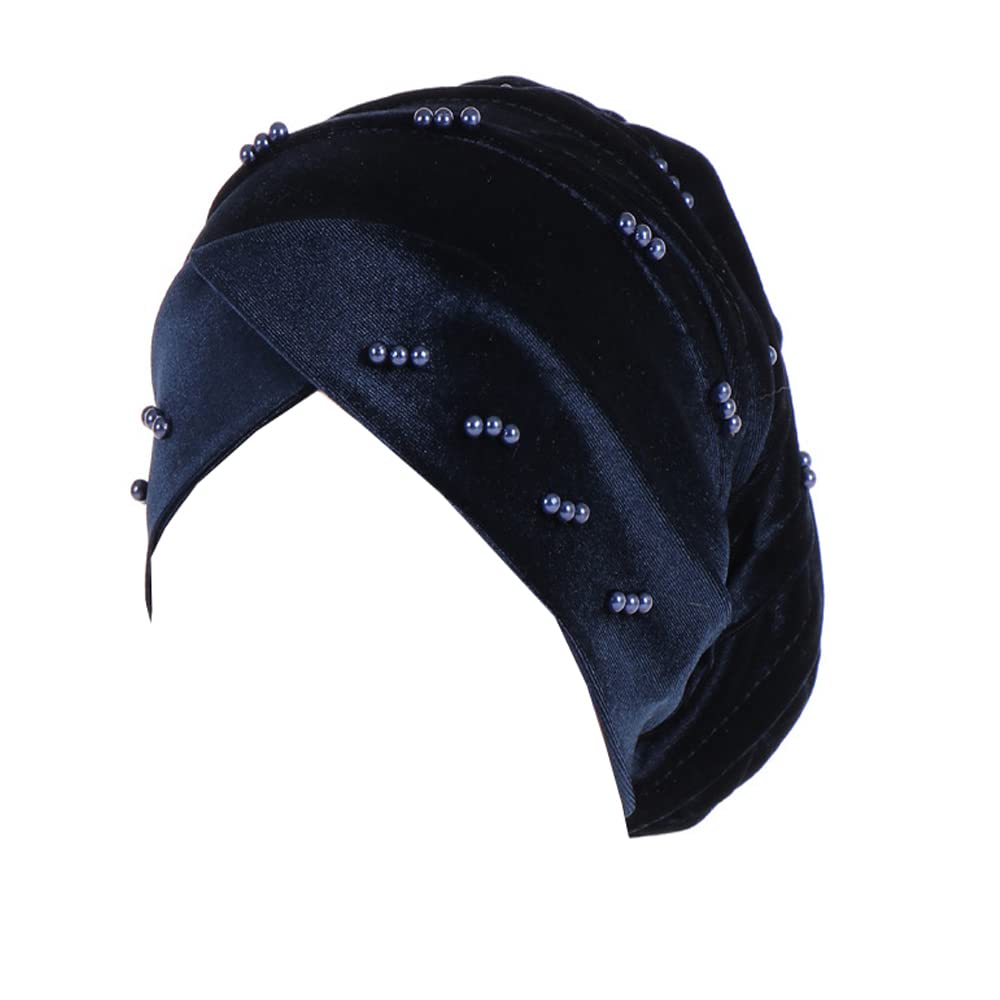 Jdyaoying Women's Navy Turban Head Wrap Scarfs Velvet Pearl Headwear For Floral Beanie Cap Hair Cover Hat
