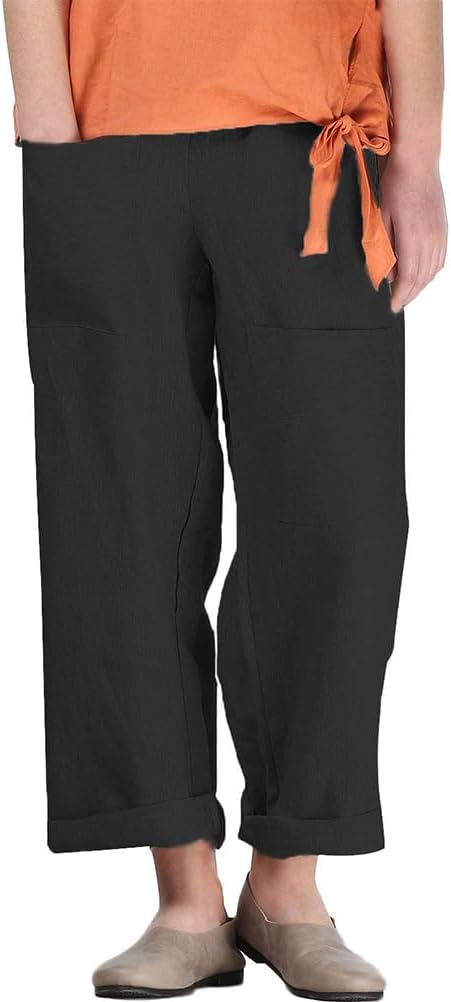 Minibee Women's Wide Leg Harem Pants Cotton Linen Striped Casual Palazzo Pants with Pockets