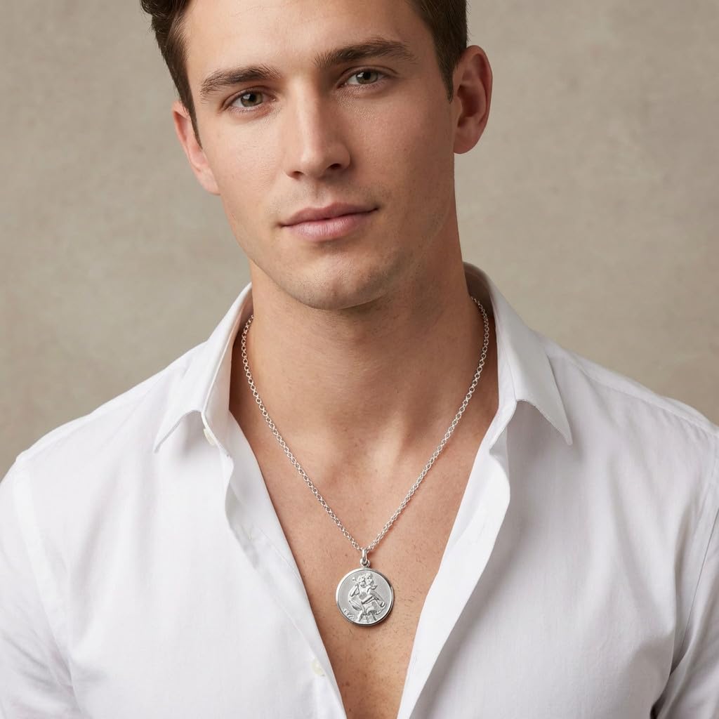 Alexander Castle Collier Pendentif Saint Christophe pour Homme, en Argent Sterling 925 (Grand Modèle, 27mm), avec Chaîne de 50cm et Coffret Cadeau Bijoux