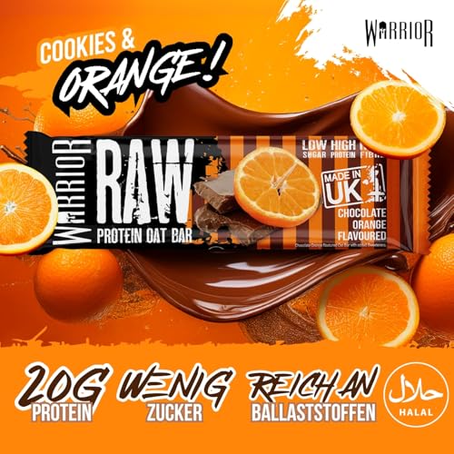 Warrior Raw Proteinriegel 12 x 75 g – Ballaststoffreicher Haferriegel mit Protein, High Protein Snack ohne Zucker, Natürlicher Haferflocken Riegel mit Präbiotika – Schokolade-Orange 3