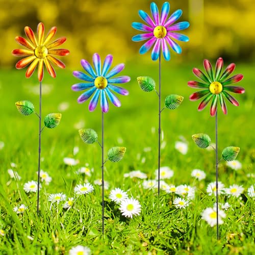 DREAMYSOUL 4 Packs Metal Flowers Wind Spinners Outdoor, Pinwheel Decorative Garden Stakes, Metal Small Wind Spinner for Yard and Garden Decor - image 5