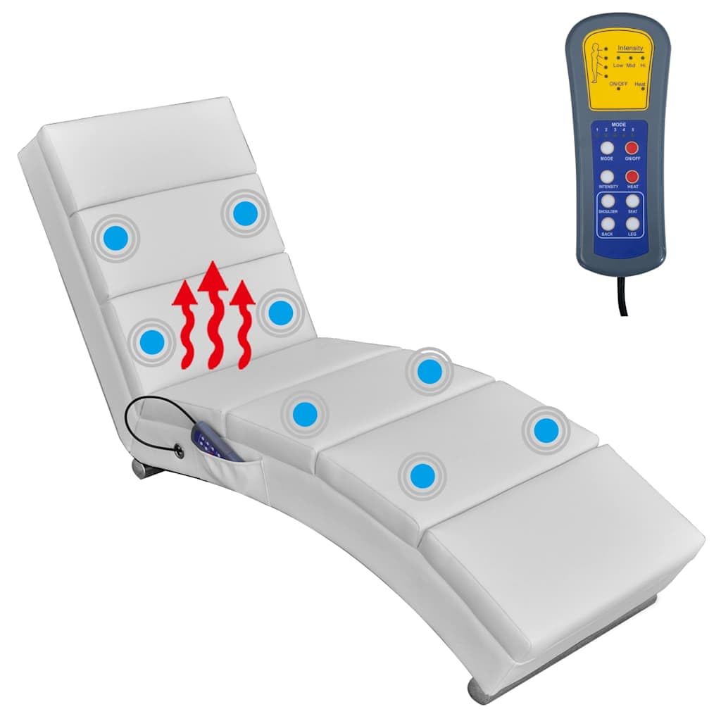 Massage-Chaiselongue Weiß Kunstleder mit 5 Massagemodi und Heizfunktion, ergonomische Relaxliege mit 8 Massagepunkten, Fernbedienung, 155x51x73 cm für Wohnzimmer Büro Wellness Komfort