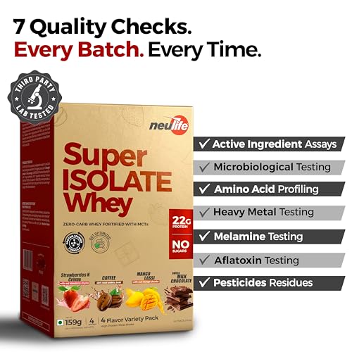Image of Neulife SUPER ISOLATE Whey Protein | Max Absorption Protein Shake with Real Fruit Chunks | Mix Flavor Variety Pack | 4x40g Single Servings Sachets