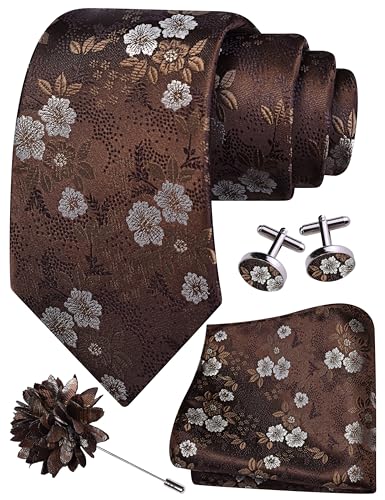 Image of GUSLESON 3.15 inch(8cm) Mens Floral Tie and Lapel Pin Necktie Hankerchief Cufflinks Set for Men