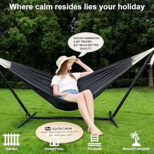 Image of GOCAN Hammock Outdoor 2 People 220x150cm Total Length 330cm Load 300kg Canvas Cotton Hammock for Garden Indoor Children Balcony Dark Gray XXL