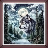 Funchey Counted Cross Stitch Kits for Adults Needlepoint Kits Unprinted Cross Stitching Embroidery Kit 11CT Cross Stitch Supplies-Forest Wolf Moon 18x18 inch