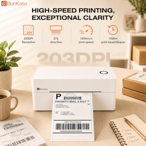 Image of BonKaso BKT01 Thermal Label Printer 203DPI Direct Thermal Shipping Bill Printer 160mm /s High Speed USB Bluetooth WiFi Compatible for Barcode Label Receipt Tag Paper Small Business White