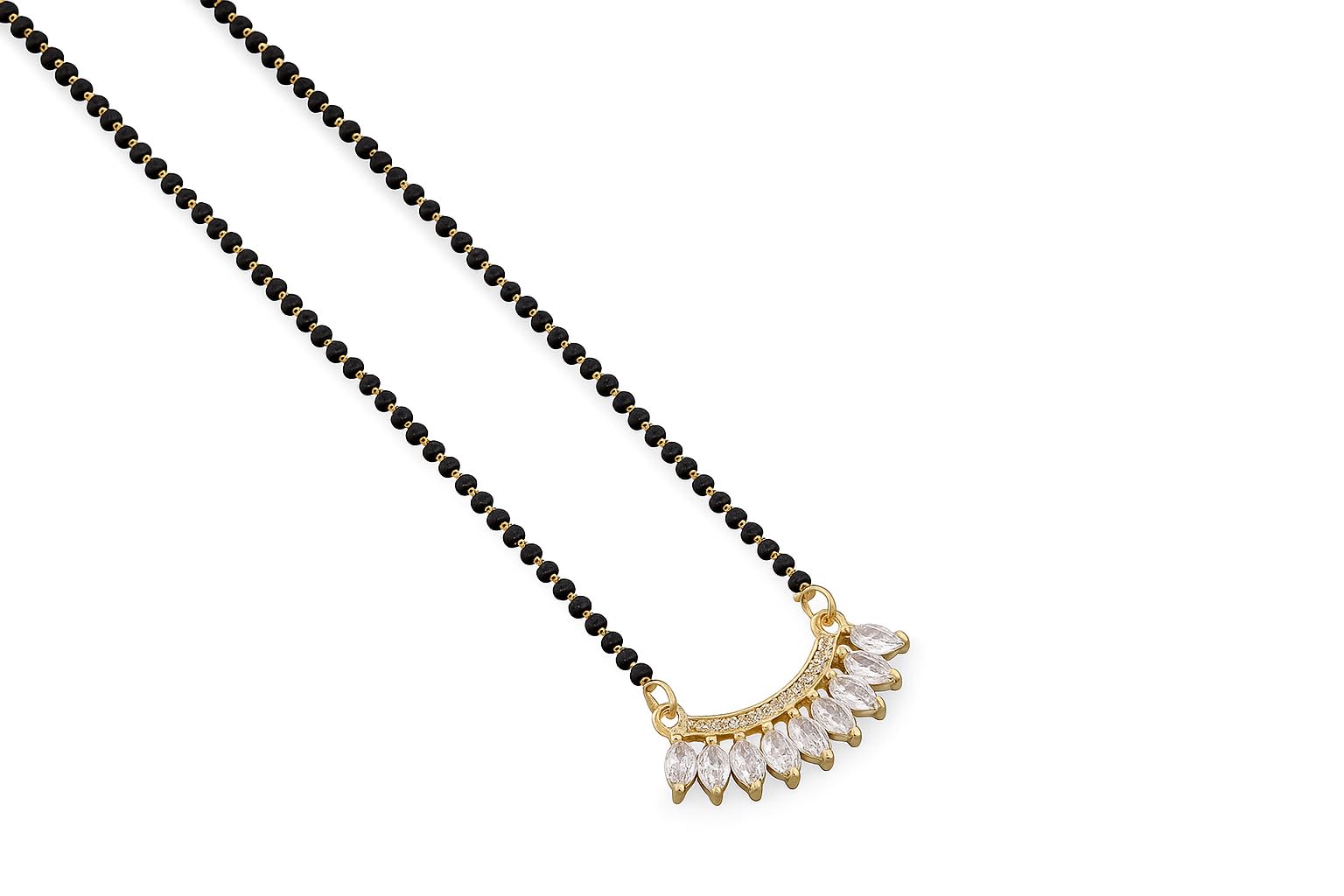 Gold Plated Mangalsutra for Women | Regular Wear CZ Stone | Lightweight Double Line Black Beads Necklace | Trendy Leaf Design Pendant for Girls | Wedding & Everyday Jewellery-image-5