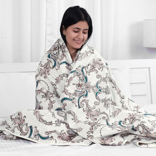 Image of Divine Casa Glace Cotton 120 GSM, 120 TC Reversible Lightweight Printed AC Dohar Blanket for Single Bed | Beige & Brown, Soft & Cozy Quilt
