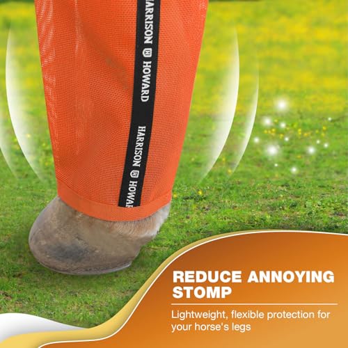 Image of Harrison Howard Loose-Fitting Horse Fly Boots UV-Protective, Breathable, Tear-Resistant Fine Mesh Leggins Stay-on Comfortable Fly Boots with Ultra-Soft Wool Trim (Set of 4) Vibrant Orange Pony (Small)