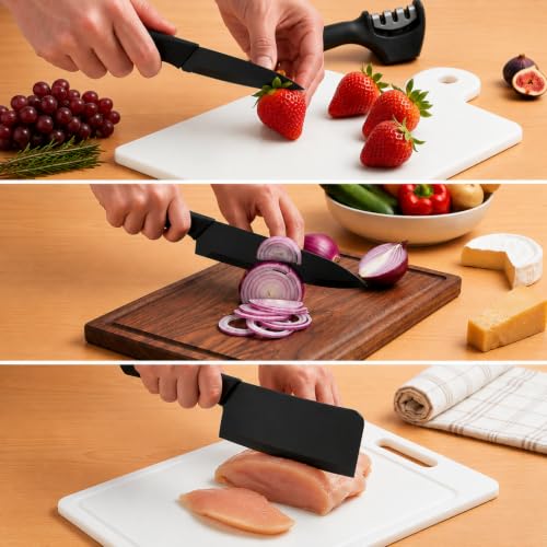 Image of Go Store 3 Pcs Steel Knife Set with Bamboo Wooden Chopping Board (30 x 20 CM) | Ultra-Sharp Blades, Chef, Meat Cleaver & Utility Kitchen Knife Set & Eco Friendly Multipurpose Cutting Board