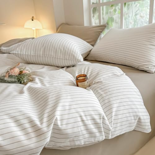 Bettwäsche 135x200 Weiß Braun Gestreift Bettbezug + 1 Kissenbezug 80x80cm – Ansicht 5