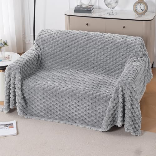 Image of HOKIPO Luxury Premium Rabbit Wool Plush Fluffy Sofa Cover, Sofa Throw for 2 Seater Sofa, 180(D) x 250(L) cm, 'BunnySoft Series' Moon Grey (AR-5074-GRY)