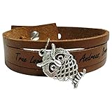6-fach längenverstellbar AREA17® Gravur Lederarmband geschlitzt 1,7cm cognac mit Eulen - Applikation - Inklusive Wunsch Gravur