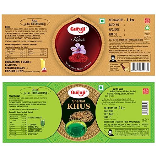 Image of Shree Guruji Kesar Sharbat & Khus Sharbat Combo Pack Beverage Instant Refreshing Syrup Mineral Rich Drink for Summer(1 Litre)