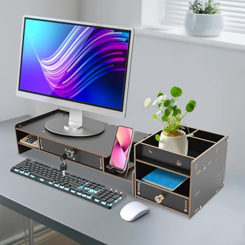 Soporte para monitor de madera, 2 cajones, soporte de madera con 6 compartimentos, elevador de pantalla, escritorio para ordenador portátil (48 x 20 x 10,5 cm)