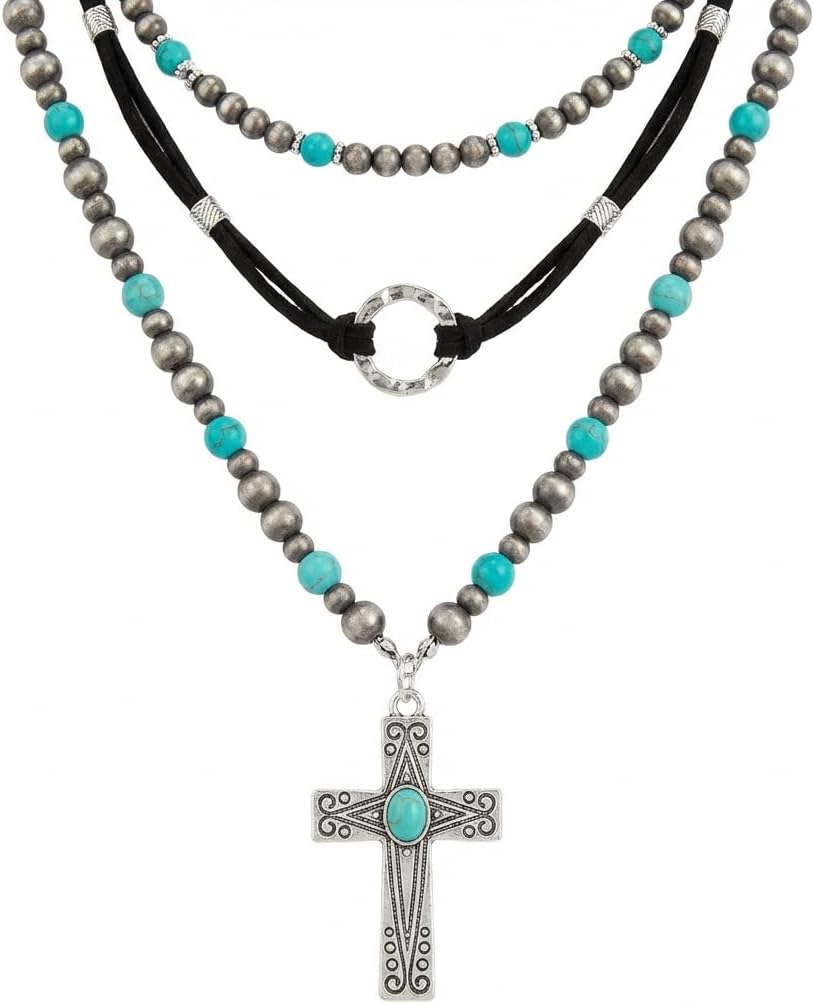 QCWN Western Necklaces Boho Turquoise Cross Necklace Set Navajo Pearl Beaded Layered Choker Cowgirl Christian Western Jewelry for Women