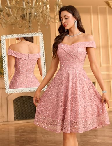 HomRain Plus Size Pink Sequin Lace Prom Dresses for Teens Off the Shoulder Short Formal Elegant Homcoming Cocktail Party Dress Sequin-Blush 2XL — view 3