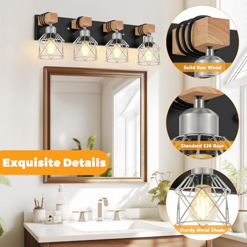 Image of FadimiKoo Farmhouse Vanity Light for Bathroom, 4-Light Rustic Wood Black Bathroom Light Fixtures with Elegant Silver Metal Cage, Vintage Vanity Lights Over Mirror for Living Room Bedroom Hallway