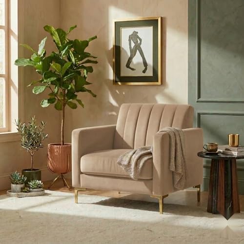 Image of 1 Seater Velum Fabric Sofa Set for Living Room, Modern Design with High Density Foam, Solid Wood Frame, Ergonomic Comfortable Seating for Home & Office (Beige, 1 Seater) | Soft foam comfort
