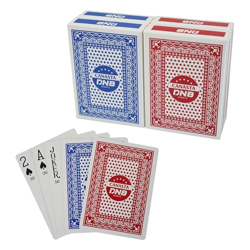 DNB 4 Deck Canasta Cards - 2 Decks Blue and 2 Decks Red Playing Cards with Point Values - Includes Canasta and Hand and Foot Rules