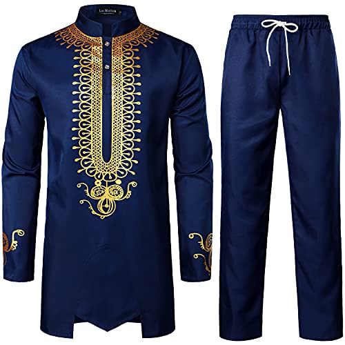 LucMatton Tenue 2 pièces pour homme à manches longues avec imprimé doré - Tunique traditionnelle et pantalon, bleu indigo, Taille L Cover