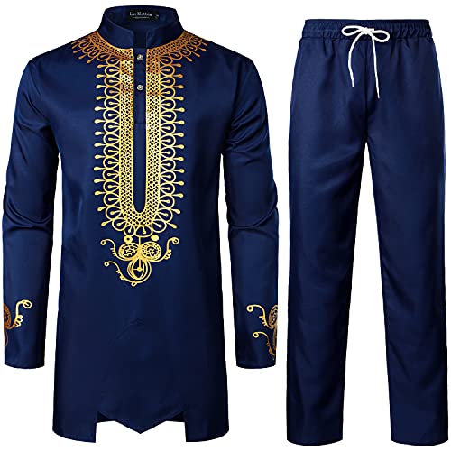 LucMatton – Tenue 2 pièces pour homme, tunique traditionnelle à motif doré et pantalon, costume ethnique, bleu indigo, Small