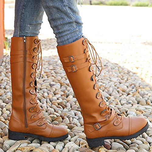 Hbeylia Knee High Combat Boots For Women Ladies Vintage Retro Leather Lace Up Round Toe Chunky Block Low Heels Over The Knee Length Motorcycle Riding Boots Winter Tall Boots Shoes3