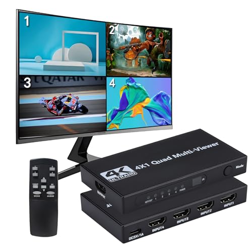HDMI Multiviewer Switch 4x1 HDMI Quad Multi-Viewer 4 in 1 Out switcher with IR Remote Support 4K@30Hz 1080P@60Hz and 12 Display Modes for Security Camera Gaming Consoles