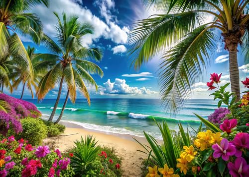 Dudaacvt 7x5ft Summer Hawaiian Beach Photography Backdrop Tropical Flower Palm Leaves Background for...