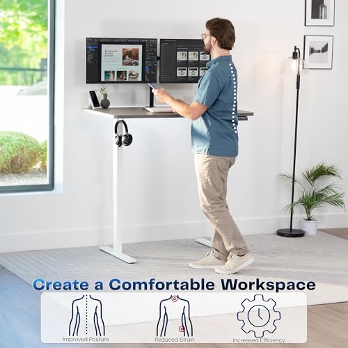 Image of VIVO Dark Gray 48 x 30 in Standing Desk, DESK-KIT-1W5G | Electric, Holds 220 lbs, Sit Stand, Height Adjustable, One-Piece Extra Deep Table Top, Memory Presets, 1B Series, White Frame