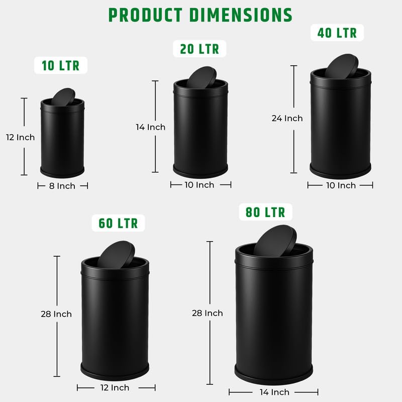 Image of Robustt Swing Lid Dustbin - 60L | Black Stainless Steel Trash Can | 12 Inch (W) x 28 Inch (H) | Swing lid dustbin with removable lid| For Kitchen, Bathroom, Office & Commercial Use - Pack of 1