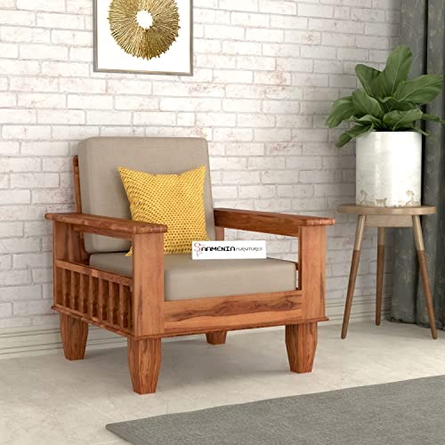 Image of Mamta Furniture Wooden Solid Sheesham Wood 1 Seater Sofa Set with Cushions (1 Seater Sofa, Teak, Beige)