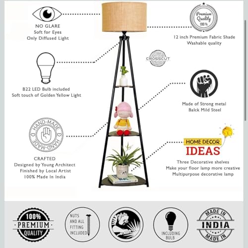 Image of Premium Tripod Floor Lamp with 3 Shelves, Brown Jute, Metal Corner Floor Lamp, for Decoration and Gifting