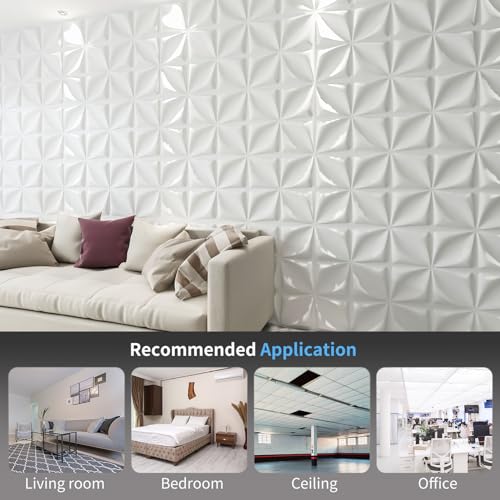 Image of Art3d 19.7 inch x 19.7 inch (Pack of 12) 3D Wall Panels Lucky Leaves PVC Wall Panel for Inter Decoration, Living Room, TV Background, Office, White