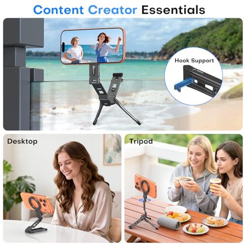 Image of OMOTON TP03 [Ultra-Slim] for MagSafe Tripod, 360 Rotating Magnetic Phone Tripod for iPhone 17 /16 Pro Max Air Women Men, Fold Cell Phone Stand with 1 /4 inch Screw & Hook Fits Vlog, Travel Essentials Gift
