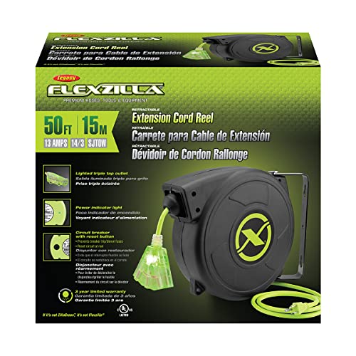Image of Flexzilla Retractable Extension, 14 /3 AWG SJTOW, 50', Grounded Triple Tap Outlet Electric Cord Reel, ZillaGreen, FZ8140503