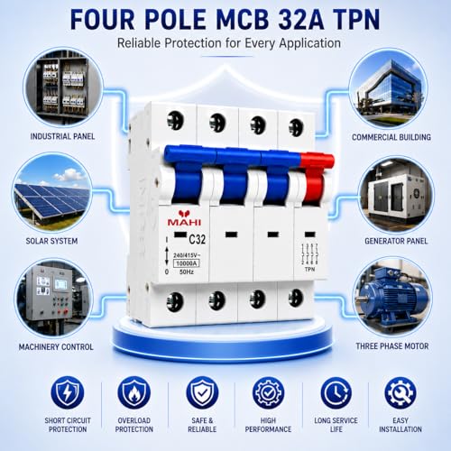 Image of MAHI 32A Four Pole MCB C Curve, Miniature Circuit Breaker with Overload & Short Circuit Protection, 32A Breaking Capacity, Durable Polycarbonate Body for Home & Industrial Use