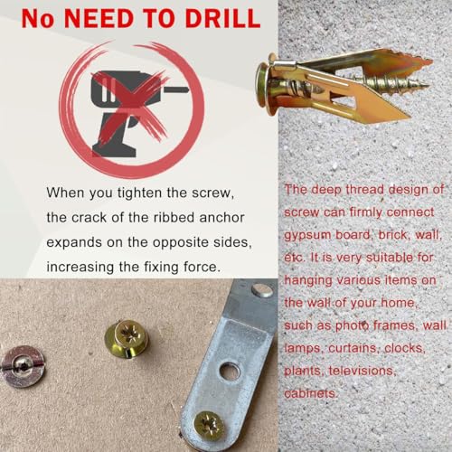 Image of Self Drilling Drywall Anchors and Screws Kit, Heavy Duty Steel Wall Anchors,No Drill or Holes in Wall Mounting Hardware Repair Tools for Pictures and Furniture,TV, Shelf Straps, Cabinets (50, 1.18)