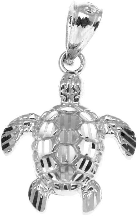 Arthur's Jewelry 14K solid white gold 12mm sparkly diamond cut Hawaiian sea turtle honu charm pendant