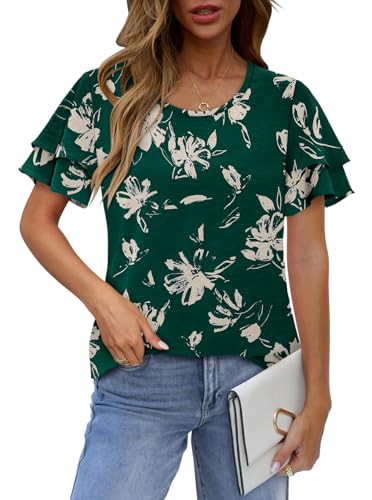 CRAZY GRID Women's Shirts Summer Casual Crewneck Ruffle Short Sleeve Blouses Cute Floral Print Tunic Tops