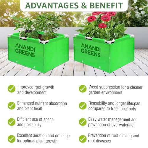Image of Anandi Green's HDPE UV Protected 360 GSM Green Color Rectangular Plants Grow Bags Suitable for VegetableTerrace Gardening with PVC Pipe Support Pack of 1 (3X2X1.5 FIT)