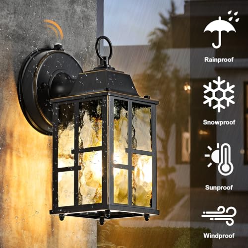 Image of OKELI 2-Pack Dusk to Dawn Outdoor Wall Lights, Weatherproof Exterior Lighting Fixture Wall Mount, Aluminum Ripple Glass Porch Light, Anti-Rust Outside Wall Sconce for House, Garage(Black&Gold-Trim)